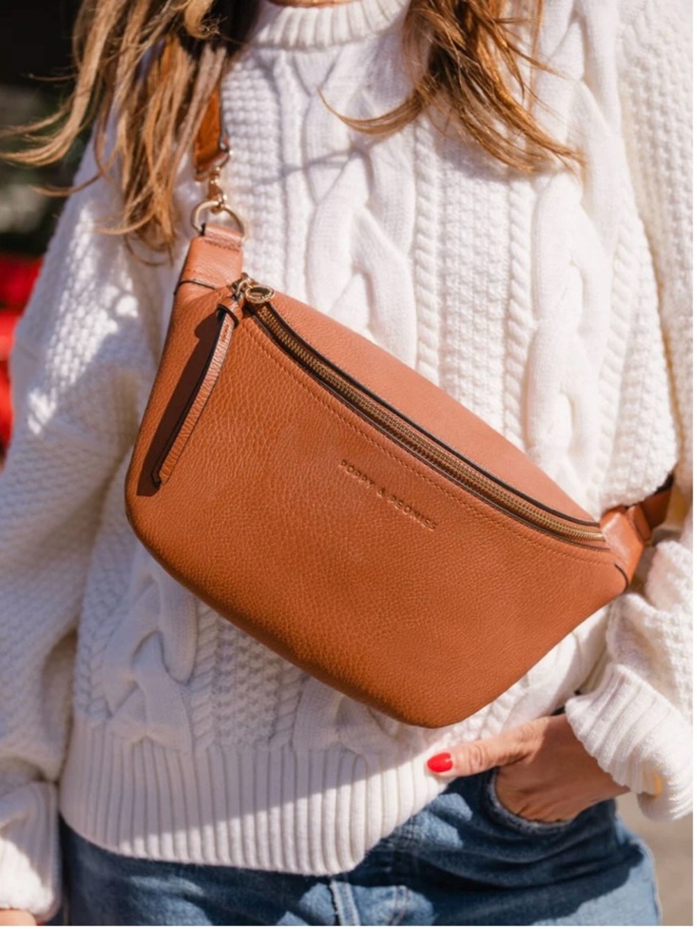 Poppy & Peonies Large Sidekick Cognac Vegan Leather Crossbody Belt Bag